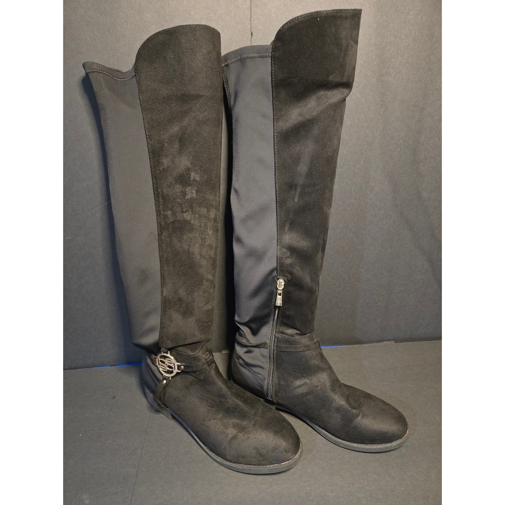 Bebe Oxley Over The Knee Boots Women 10 Black Good Vintage 90s Mixed Media Flat
